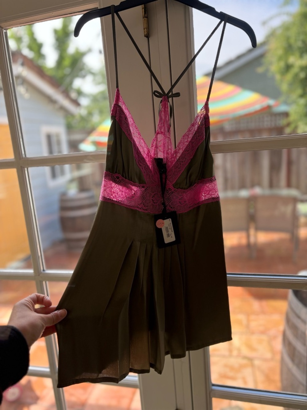 Olive Green Chemise with Hot Pink Lace Trim